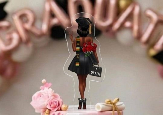 Black Girl Standee choose either Grad Hat or Doctoral Tam| Custom Cut Grad Cake Topper |  Acrylic Photo Stand | Graduation Keepsake Gift