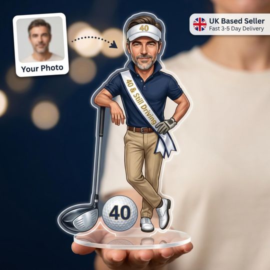 Golf Birthday Caricature Standee & Cake Topper | Personalised from Photo | 30th 40th 50th 60th | Birthday Gift Him