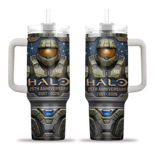 Halo 25th Anniversary Stainless Steel Tumbler with Handle, Master Chief Insulated Cup, Halo Game Fan Gift