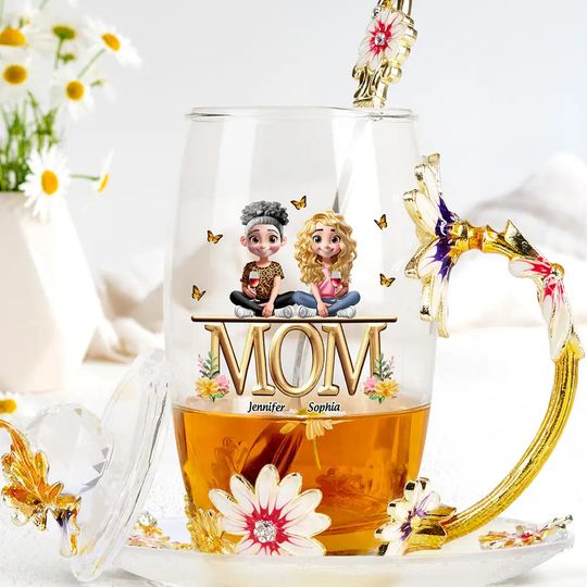          Mother And Children Together - Personalized Glass Flower Tea Cup       