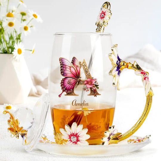          Flower Butterfly Monogram - Personalized Glass Flower Tea Cup       