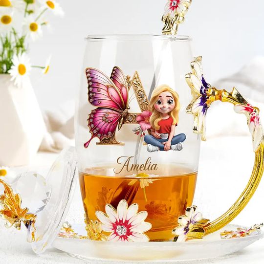          Butterfly Monogram With 3D Effect Woman - Personalized Glass Flower Tea Cup       