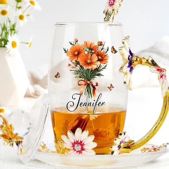          Birth Flower Bouquet - Personalized Glass Flower Tea Cup       
