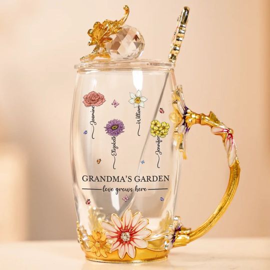 Love Grows Here - Family Personalized Custom Enamel Flower Tea Cup Without Lid & Spoon - Mother's Day, Gift For Mom, Grandma