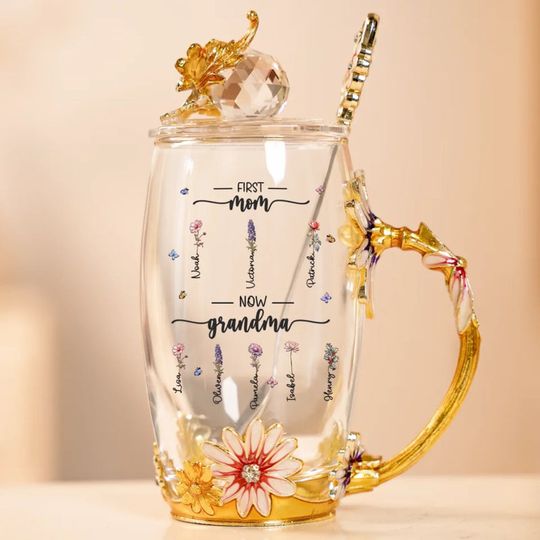 Love Blooms Across Generations - Family Personalized Custom Enamel Flower Tea Cup Without Lid & Spoon - Mother's Day, Gift For Mom, Grandma