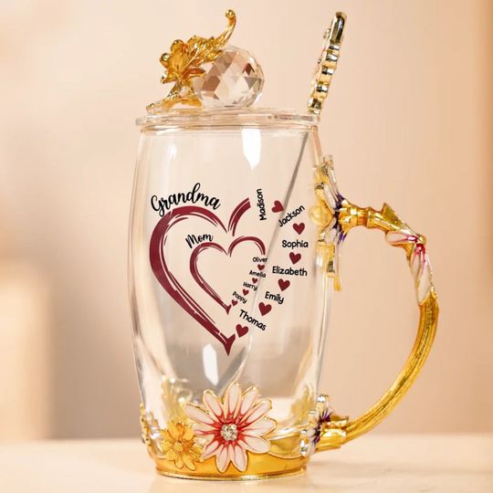 Grandma’s Heart Overflows With Love - Family Personalized Custom Enamel Flower Tea Cup Without Lid & Spoon - Mother's Day, Gift For Mom, Grandma