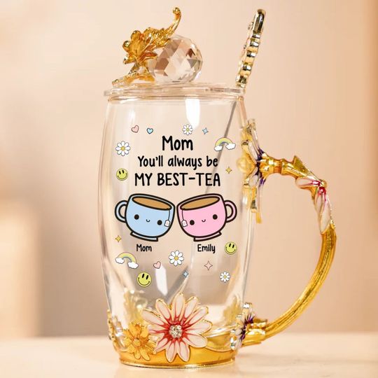 Tea Time, Love Time - Family Personalized Custom Enamel Flower Tea Cup Without Lid & Spoon - Mother's Day, Gift For Mom, Daughter