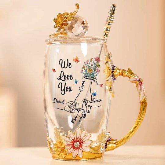 Holding Onto Love - Family Personalized Custom Enamel Flower Tea Cup Without Lid & Spoon - Mother's Day, Gift For Mom, Grandma