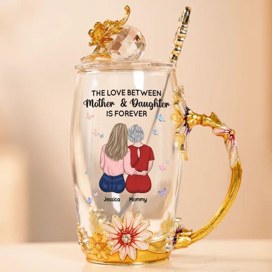 The Love Between Mother And Daughter Is Forever - Family Personalized Custom Enamel Flower Tea Cup Without Lid & Spoon - Mother's Day, Gift For Mom