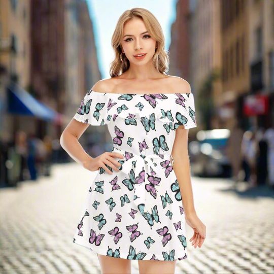 Kawaii Heaven Women's Off-Shoulder Ruffle Dress with Lotus Lace - Whimsical & Feminine