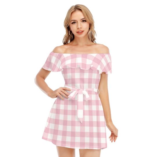 Pink Barbi Plaid Bow Women's Off-shoulder Dress With Ruffle