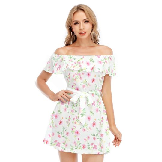 Kawaii Heaven Women's Off-Shoulder Ruffle Dress with Lotus Lace | Lightweight Polyester