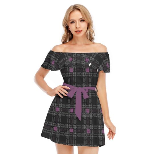 Off Shoulder Chiffon Dress with Belt  Elegant Plaid Summer Dress for Women