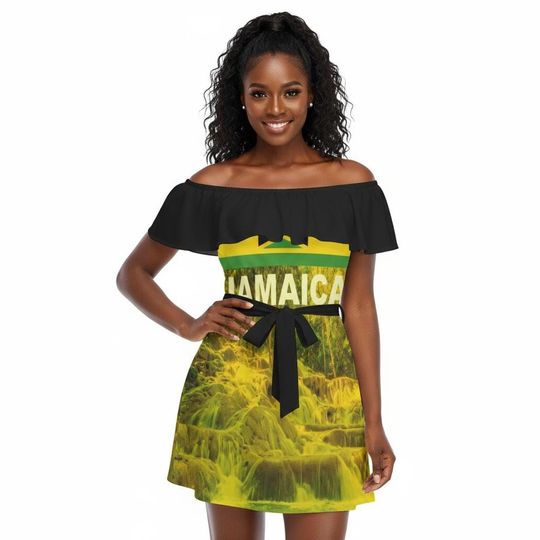 Jamaica Flag Dunn's River Falls Women's Off-shoulder Dress With Ruffle. Great Jamaican Mothers Day Daughter Gift