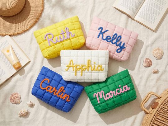 Custom Quilted Nylon Makeup Bag, Personalized Embroidered Cosmetic Pouch, Bridesmaid Proposal Gift, Travel Toiletry Bag