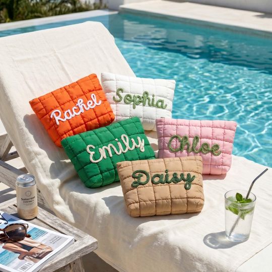 Personalized Bridesmaid Nylon Quilted Makeup Bag,Custom Bridal Shower Name Pouch,Bridesmaid Gift Bag,Waterproof Nylon Toiletry Bag