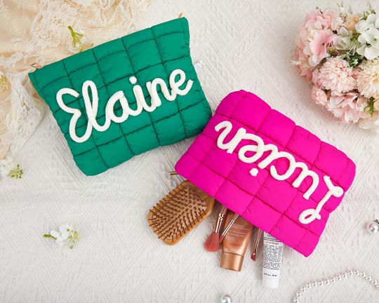 Personalized Quilted Nylon Makeup Bag, Puffer Travel Cosmetic Bag, Bridesmaid Proposal Gift, Best Friend Birthday Present