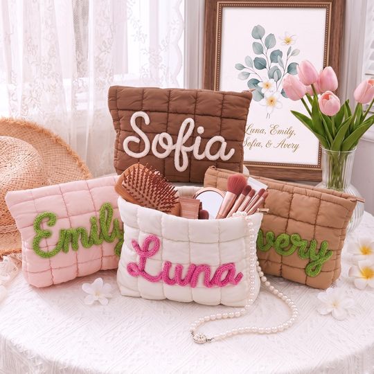 Personalized Quilted Nylon Makeup Bag, Custom Quilted Makeup Bag, Bachelorette Gift, Gift for Her