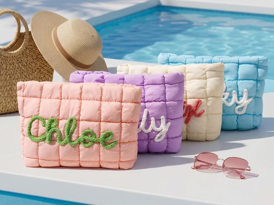 Personalized Quilted Nylon Makeup Bag,Custom Quilted Zipper Pouch,Bridesmaid Gift,Bachelorette Gift,Puffer Bag for Travel,Gift for Her