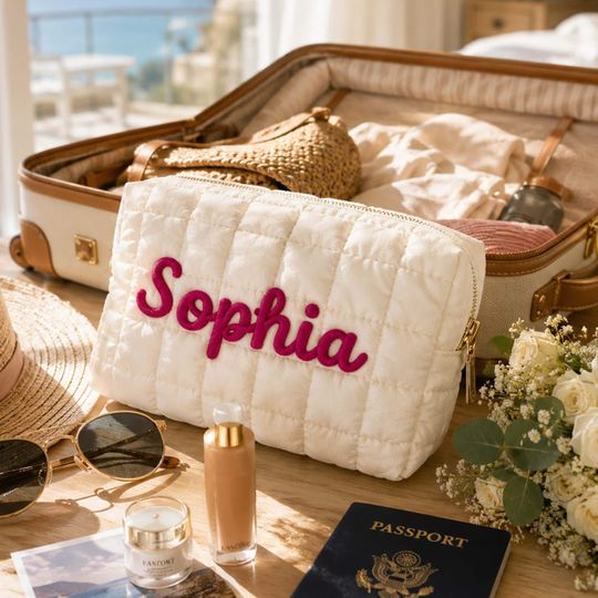 Custom Quilted Nylon Makeup Bag,Personalized Makeup Bag with Name,Puffer Travel Cosmetic Bag,Zipper Makeup Pouch,Bridesmaid Proposal Gift