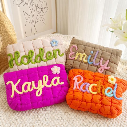 Personalized Quilted Puffer Makeup Bag,Custom Cosmetic Pouch,Custom  Zipper Toiletry Bag,Bridesmaid Gift,Summer Travel Bag,Bachelorette Gift
