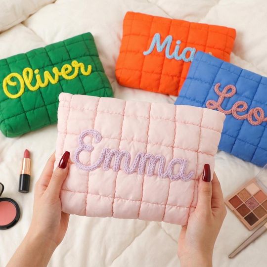Personalized Quilted Makeup Bag  Custom Name Nylon Zipper Pouch, Puffer Travel Cosmetic Bag, Bridesmaid & Bachelorette Gift