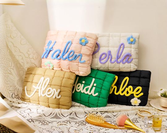 Personalized Name Quilted Nylon Makeup Bag with Zipper, Bridesmaid Gift,Bachelorette Gift,Puffer Bag for Travel