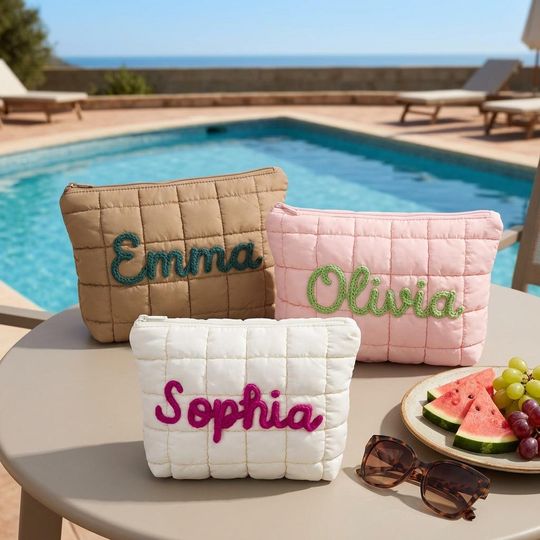 Personalized Quilted Nylon Makeup Bag, Custom Puffer Cosmetic Pouch for Travel, Mothers Day Gift, Cute Kids Gift Bag for Her