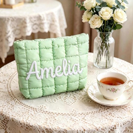 Personalized Quilted Nylon Makeup Bag,Custom Quilted Zipper Pouch,Bridesmaid Gift,Bachelorette Gift,Puffer Bag for Travel,Gift for Her