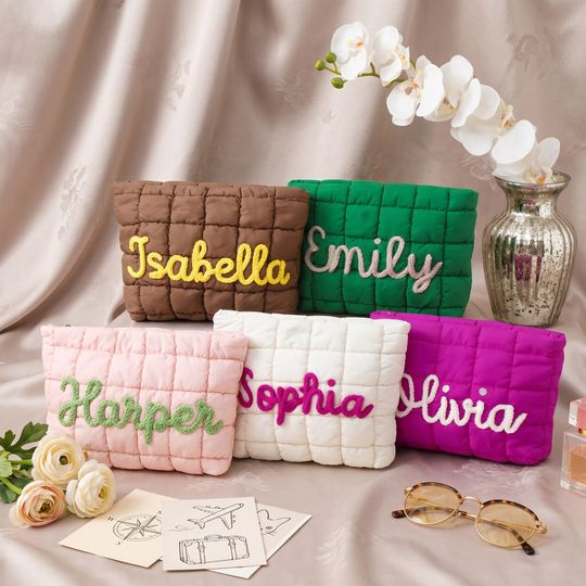 Personalized Makeup Bag, Custom Quilted Zipper Pouch, Bridesmaid Gift, Travel Puffer Toiletry Bag for Women