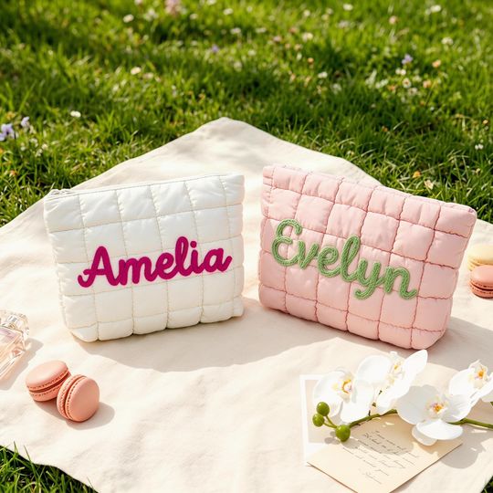 Personalized Quilted Nylon Makeup Bag,Custom Quilted Zipper Pouch,Bridesmaid Gift,Bachelorette Gift,Puffer Bag for Travel,Gift for Her
