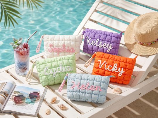 Personalized Preppy Cosmetic Bag,  Quilted Nylon Zipper Pouch, Teacher Appreciation Gift, Gift for Her, Puffer Bag for Travel