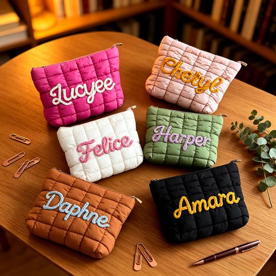 Personalized Quilted Nylon Makeup Bag, Custom Quilted Zipper Pouch, Bridesmaid Gift, Bachelorette Gift, Puffer Toiletry Bag, Gifts for Her