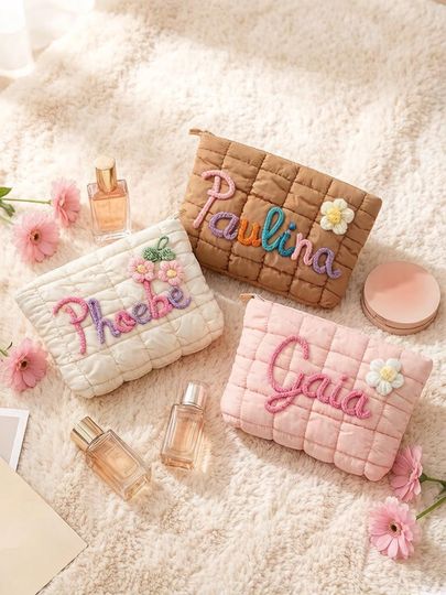 Personalized Quilted Nylon Makeup Bag, Puffer Travel Cosmetic Bag, Bridesmaid Proposal Gift, Best Friend Birthday Present