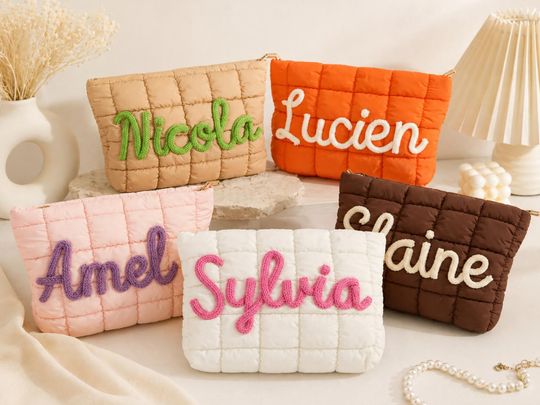 Personalized Quilted Makeup Bag, Custom Zipper Pouch, Puffer Cosmetic Bag for Travel, Bridesmaid Gifts