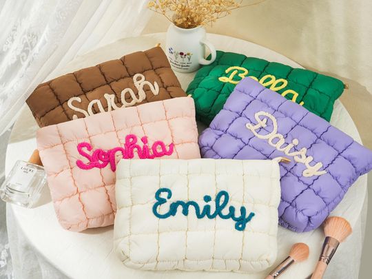 Personalized Quilted Makeup Bag, Custom Cosmetic Pouch, Puffer Toiletry Bag, Bridesmaid Gift for Her