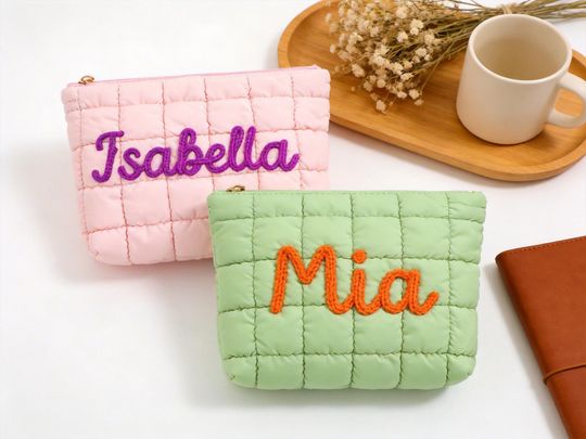 Personalized Quilted Nylon Makeup Bag, Custom Name Pouch, Bridesmaid Gift, Embroidery Tote Bag, Travel Pouch