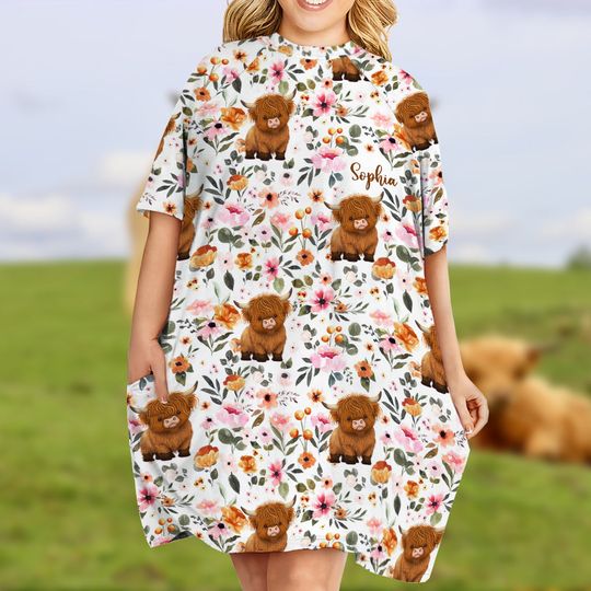Floral Highland Cow - Personalized Highland Cow Sleep T-shirt Dress