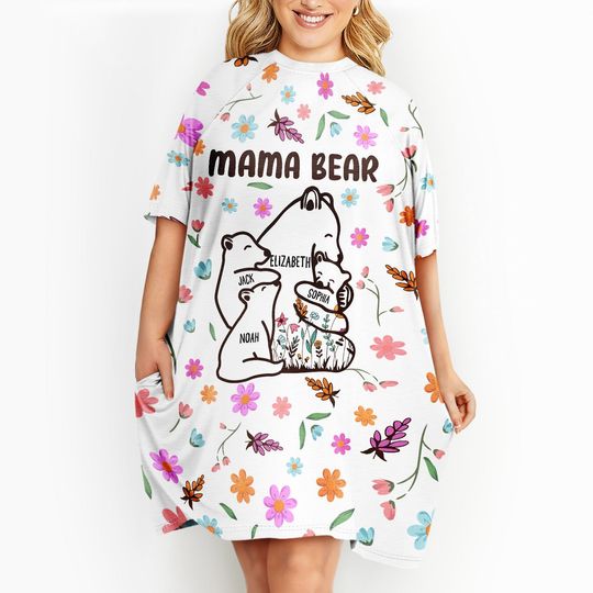          Mama Bear Floral Style - Birthday, Loving Gift For Mom, Mother, Grandma, Grandmother - Personalized Women's Sleep Tee       