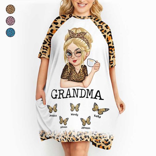          Mom Grandma Kids Butterflies Leopard Pattern - Gift For Mother, Grandmother - Personalized Women's Sleep Tee       