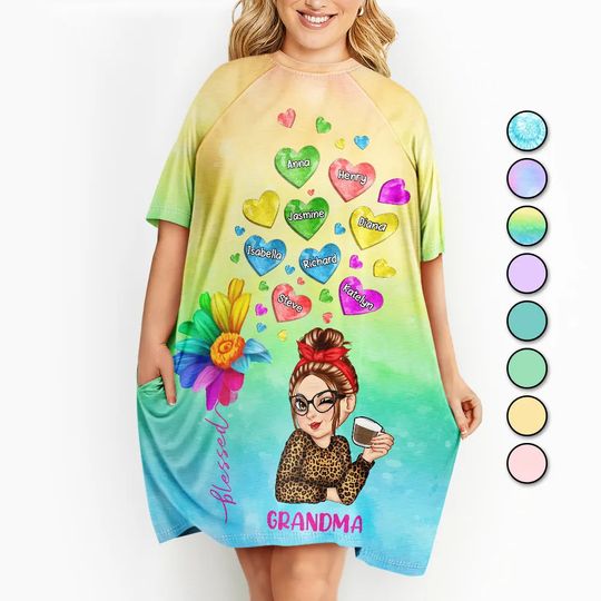          Colorful Flower Heart Grandma - Personalized Women's Sleep Tee       