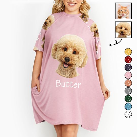          Custom Photo Pet Faces - Gift For Dog Lovers, Cat Lovers - Personalized Women's Sleep Tee       