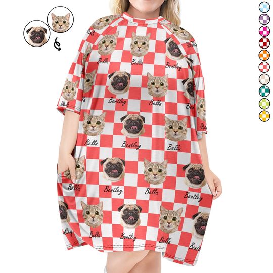          Custom Photo Pet Faces Groovy Checkered Pattern - Gift For Dog Mom, Cat Mom - Personalized Women's Sleep Tee       
