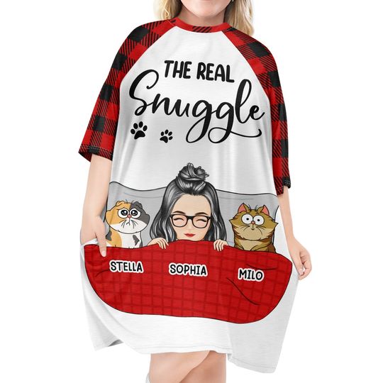          The Real Snuggle Cartoon Style - Gift For Cat Lovers, Cat Mom - Personalized Women's Sleep Tee       