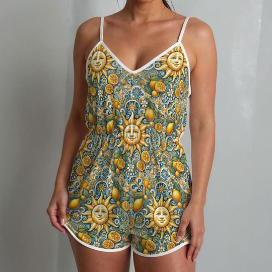 Women's V-Neck Cami Romper, Sun and Lemon Mediterranean Print Overalls, Summer Swimsuit Cover Up, Boho Backless Short Jumpsuit