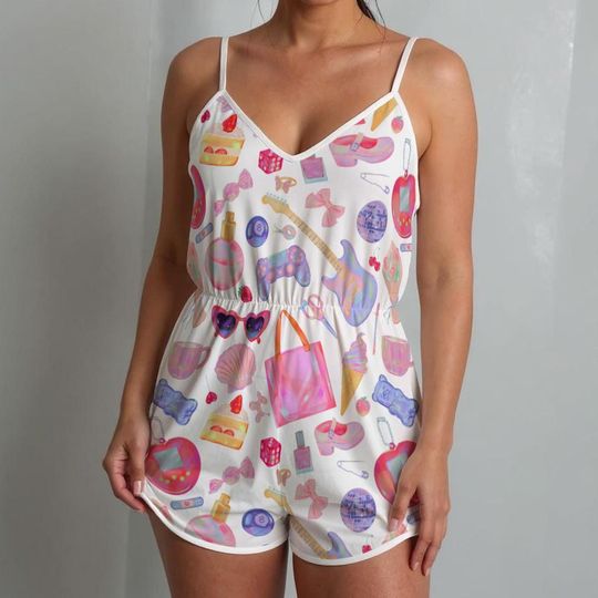 Y2K Trinket Romper: Retro 90s Collage Outfit, Festival Fits, Alternative Fashion