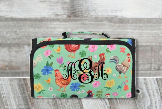 Chicken Print Canvas Hanging Roll Up Makeup Bag, Custom Cosmetic Bag, Cosmetic Holder