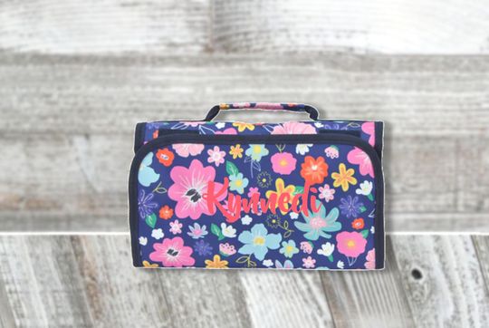Floral Print Canvas Hanging Roll Up Makeup Bag, Custom Cosmetic Bag, Cosmetic Holder