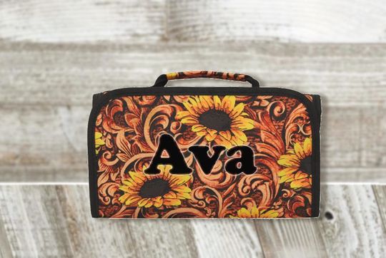 Tooled Leather Sunflower Print Canvas Hanging Roll Up Makeup Bag, Custom Cosmetic Bag, Cosmetic Holder