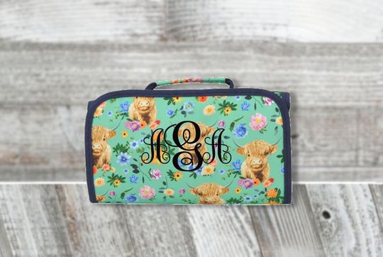 Highland Cow Print Canvas Hanging Roll Up Makeup Bag, Custom Cosmetic Bag, Cosmetic Holder